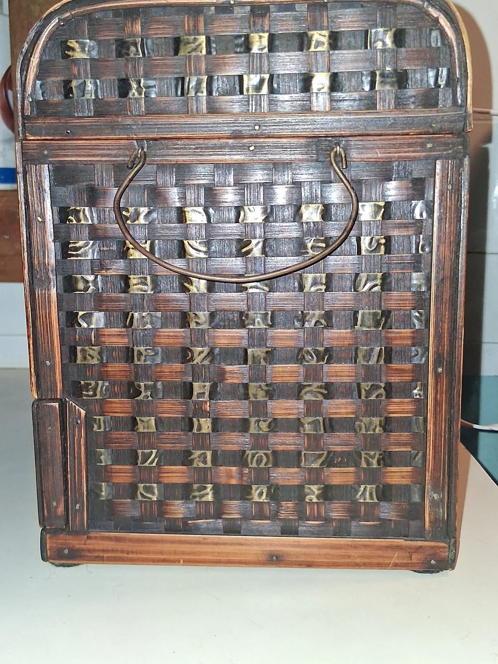 Hand Crafted Wood Woven Accent Storage Chest With 2 Drawers in Dark Brown